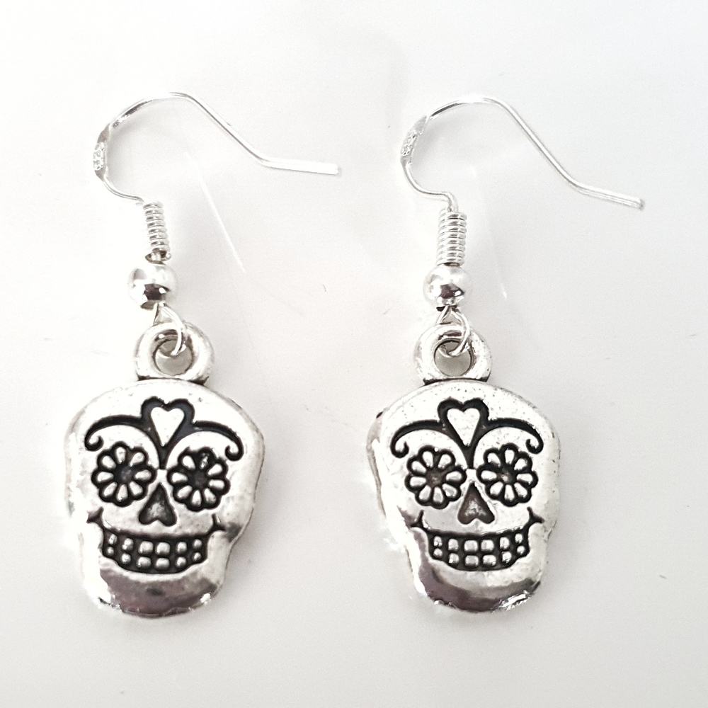 6 for $15 * Halloween Sugar Skull Silvertone Metal Earings